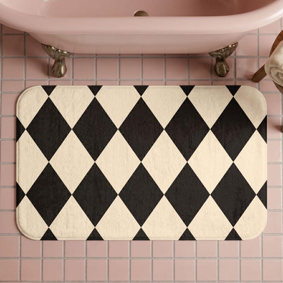 Argyle Print Retro Bath Mat Whimsical Decor Statement Rug Bathroom Abstract Art Functional Gift Idea  Sophisticated Neutral Tones Boho Home