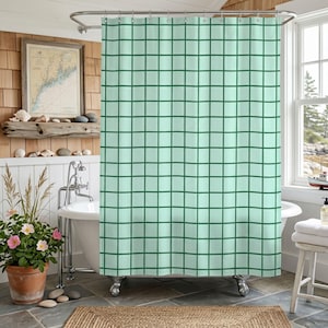 Sea Foam Blue Bathroom Decor Beachy Shower Curtain Mint Grid Design Modern Homeware Relaxed Vibe Retro Aesthetic Coastal Chic Gift Idea Refreshing Pastel Tones Contemporary Bath Mat Matching Potential Minimalist Housewarming Present Stylish Studio Unit Element Chic Contemporary Bathing Area Decor Playful Visual Interest High Quality Bathroom Linens Bohemian Decorative Curtain Bright Saturated Tones Modern Vintage Fusion Unique Artisan Graphic