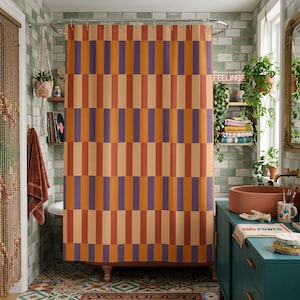 Warm Earth Tone Bathroom Decor MidCentury Modern Shower Curtain Color Drench Aesthetic Homeware Gift Idea Bold Contrast Pattern Quiet Luxury Muted Natural Hues Abstract Linear Graphic Stylish Studio Unit Essential Textured Fabric Privacy Screen Eye Catching Focal Point Sustainable Material Choice Versatile Decorating Option Artistic Bath Surround Modern Vintage Fusion Chic Home Improvement Item Elegant Morning Routine Essential