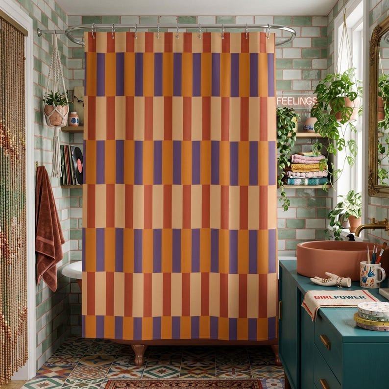 Warm Earth Tone Bathroom Decor MidCentury Modern Shower Curtain Color Drench Aesthetic Homeware Gift Idea Bold Contrast Pattern Quiet Luxury Muted Natural Hues Abstract Linear Graphic Stylish Studio Unit Essential Textured Fabric Privacy Screen Eye Catching Focal Point Sustainable Material Choice Versatile Decorating Option Artistic Bath Surround Modern Vintage Fusion Chic Home Improvement Item Elegant Morning Routine Essential