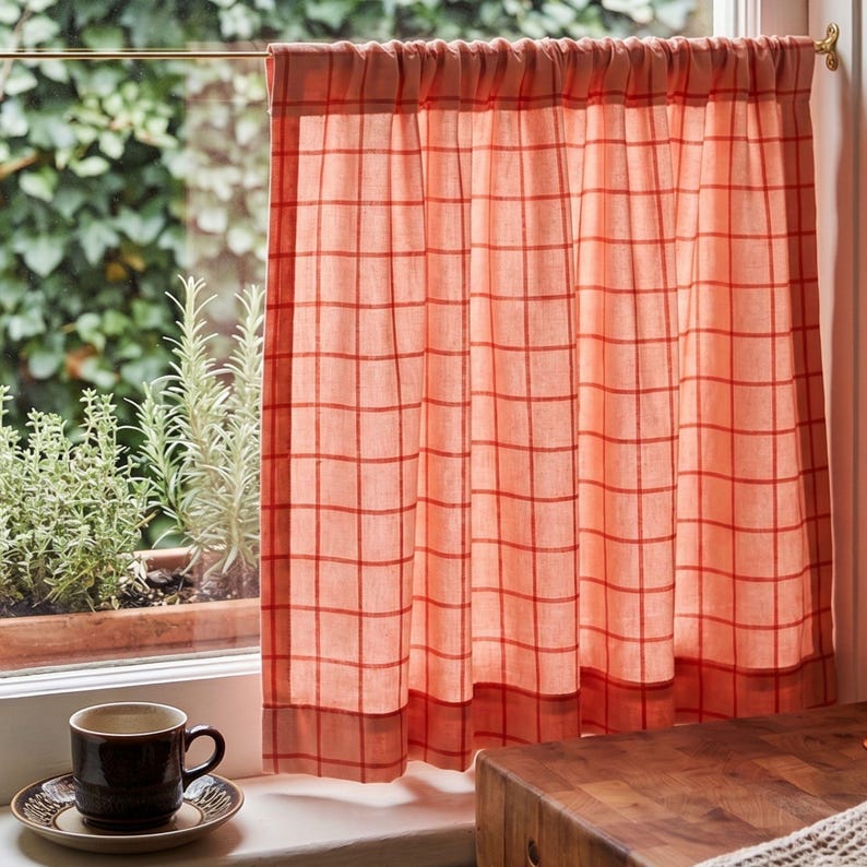 Check Pattern Cafe Curtain Sheer Shabby Chic Decor Grid Design Light Filtering Privacy Screen Eclectic Home Retro Kitchen Baking Gift Idea Gingham Style Window Treatment Soft Translucent Fabric Modern Geometric Layout Minimalist Kitchen Accessory Trendy Interior Styling Piece Subtle Neutral Palette Airy Daytime Essential Unique Apartment Ornament High Quality Textile Drape Cottagecore Aesthetic Element Delicate Mesh Texture