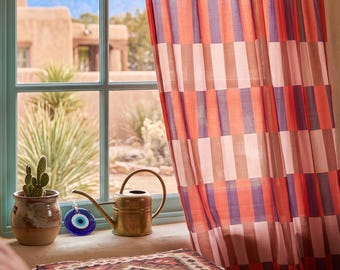 Pannello per tende di grande impatto, tessuto a righe, decorazione artistica per finestre del soggiorno, tenda trasparente, stile sud-occidentale, motivo a blocchi di colore, idee per dormitorio universitario.