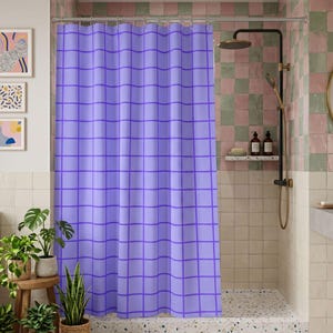 Cortina de ducha morada para baño, color lavanda violeta, con estampado geométrico ondulado, tela moderna lavable, resistente al agua, apta para lavadora, con ojales.
