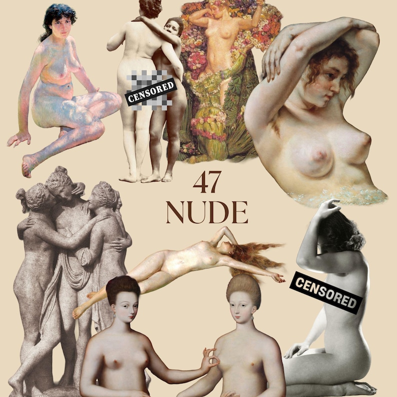May include: A collage of various classical and artistic depictions of nude figures, including paintings and sculptures, arranged on a beige background with the text 47 NUDE printed in the center. Some figures feature black censored bars.