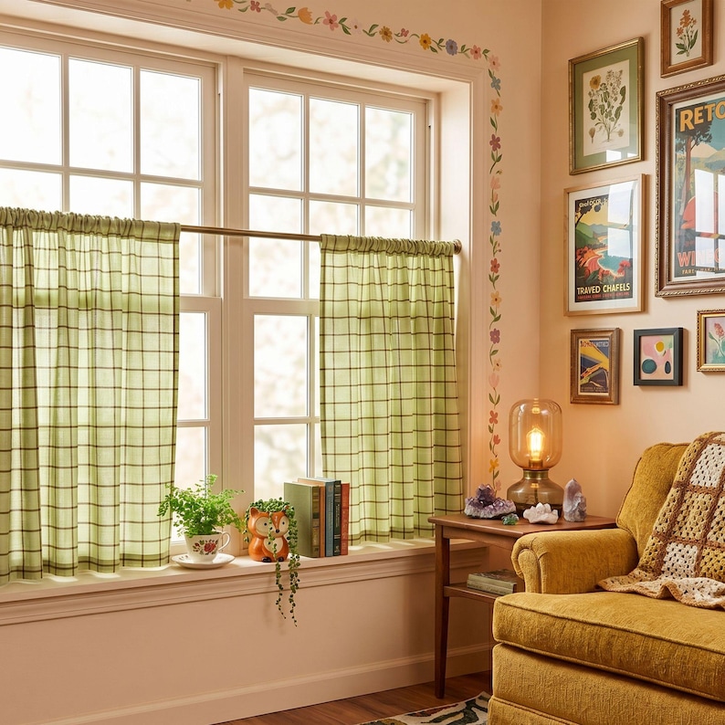 May include: A pair of light green cafe curtains with a dark green grid pattern hanging on a thin metal rod over a window. The curtains are semi-sheer and feature a simple rod pocket header, providing light filtration while maintaining privacy.