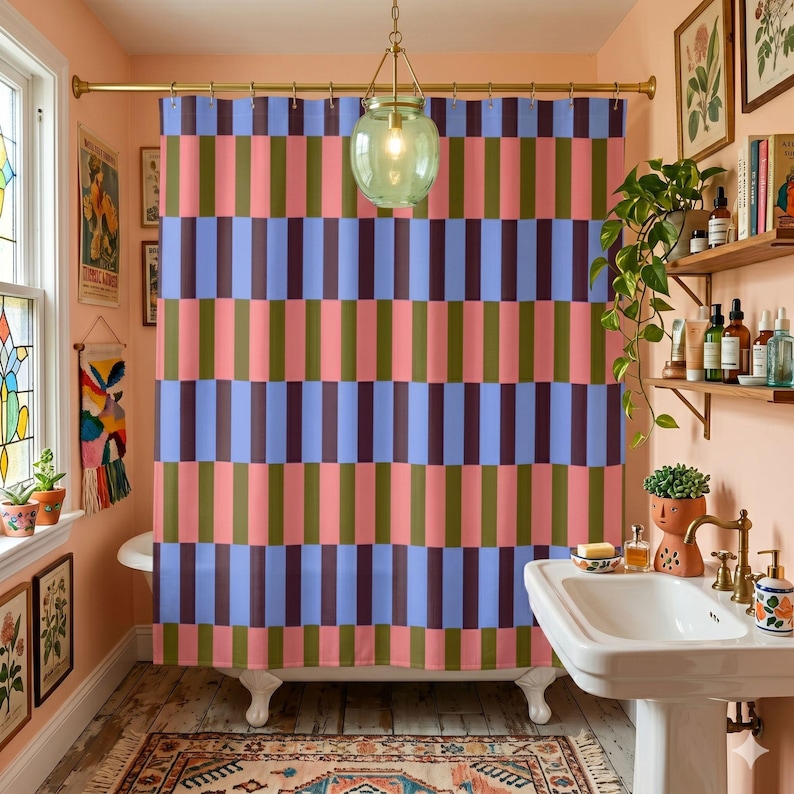 Quiet Luxury MidCentury Modern Shower Curtain Warm Earth Tone Bathroom Decor Color Drench Aesthetic Homeware Gift Idea Bold Contrast Pattern Sophisticated Minimalist Motif Trendy Apartment Upgrade Aesthetic Living Room Focal Point Stylized Abstract Theme Heavy Duty Material Personalized Housewarming Present Bold Saturated Hues Alternative Lifestyle Accessory Polished Interior Design Accessory Timeless Aesthetic Household Item