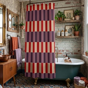 Bold Contrast Pattern MidCentury Modern Shower Curtain Warm Earth Tone Bathroom Decor Color Drench Aesthetic Homeware Gift Idea Quiet Luxury Striking Visual Interest Earthy Neutral Palette High End Restroom Accessory Modernist Inspired Illustration Comfortable Living Space Accent Unique Artisan Graphic Contemporary Home Styling Concept Refined Decor Element Quality Interior Soft Goods Functional Art Installation