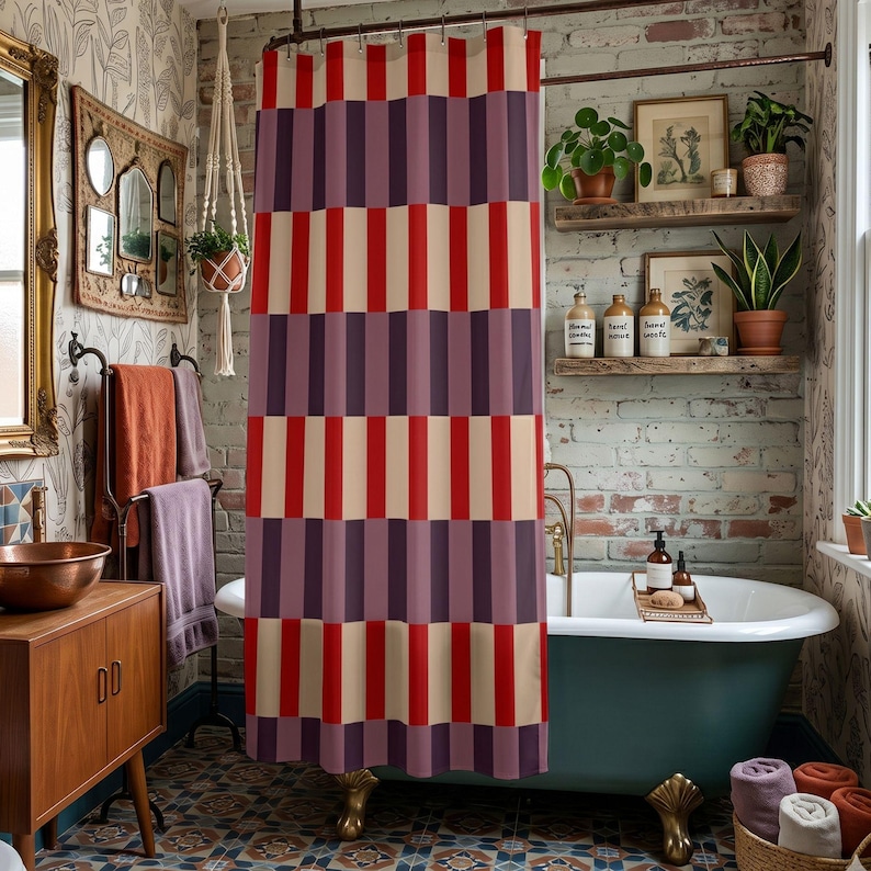 Bold Contrast Pattern MidCentury Modern Shower Curtain Warm Earth Tone Bathroom Decor Color Drench Aesthetic Homeware Gift Idea Quiet Luxury Striking Visual Interest Earthy Neutral Palette High End Restroom Accessory Modernist Inspired Illustration Comfortable Living Space Accent Unique Artisan Graphic Contemporary Home Styling Concept Refined Decor Element Quality Interior Soft Goods Functional Art Installation