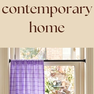 May include: A collection of window curtains featuring a grid pattern in various colors including yellow, purple, and green. The curtains are hung on rods across window frames, accompanied by potted plants and home decor items in the surrounding space.