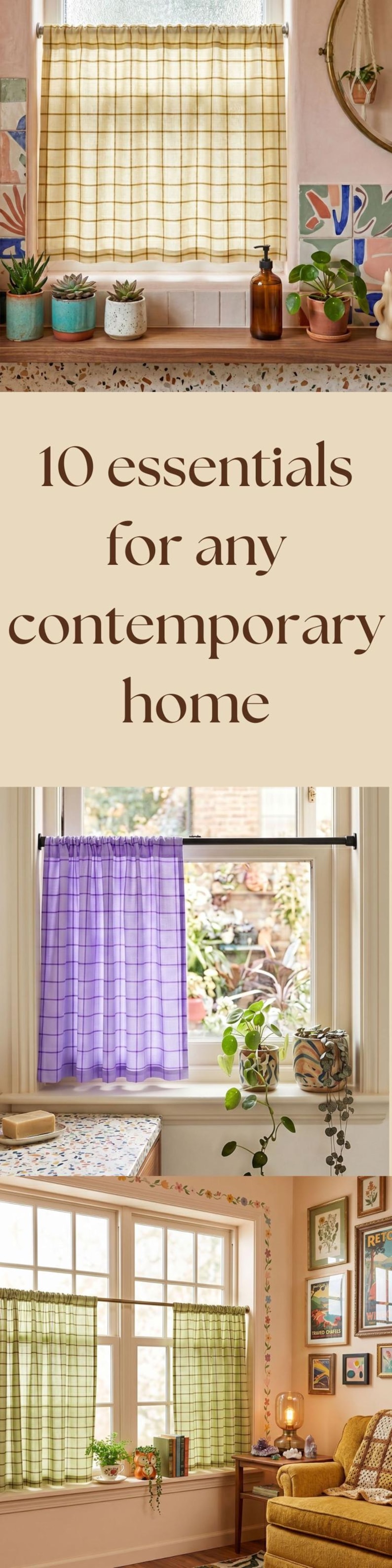 May include: A collection of window curtains featuring a grid pattern in various colors including yellow, purple, and green. The curtains are hung on rods across window frames, accompanied by potted plants and home decor items in the surrounding space.