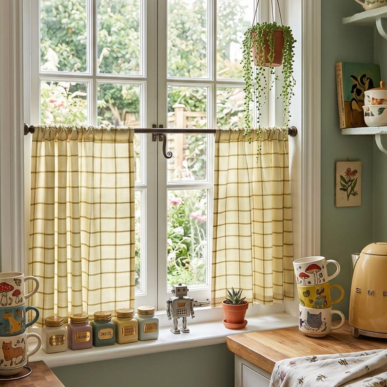May include: A pair of light yellow cafe curtains with a thin brown grid pattern hanging on a dark metal rod. The curtains are positioned in front of a window with a view of greenery, accompanied by kitchen decor including mugs and jars.