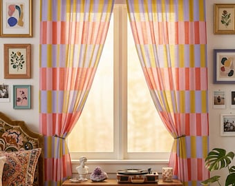 Colorblock Window Curtain Midcentury Nostalgia Living Room Maximalist Dopamine Decor Dorm Sheer Drapery Whimsical Elegance Bedroom Ideas