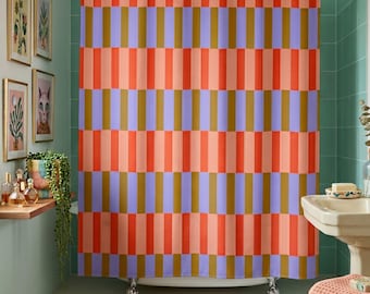 Colorblock Shower Curtain Nostalgia Decor Boho Bathroom Dopamine Accent Homeware Housewarming Gift Idea Stripe Pattern Vintage Style Home