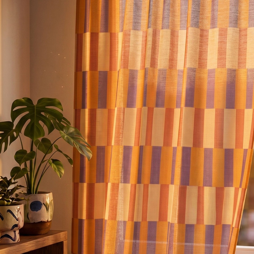 Color Block Curtain Vintage Warm Earth Tone Kitchen Aesthetic Window ...