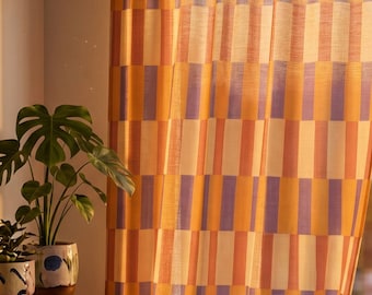 Color Block Curtain Vintage Warm Earth Tone Kitchen Aesthetic Window Panel Cozy Atmosphere Elegant Living Room Sheer Light Shade Boho Home
