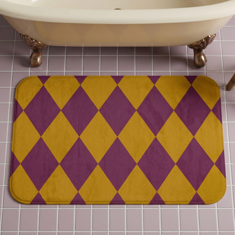 Whimsical Decor Statement Rug Argyle Print Retro Bath Mat Bathroom Abstract Art Functional Gift Idea Sophisticated Neutral Tones Boho Home Elegant Tonal Diamonds Soft Memory Foam Material Minimalist Housewarming Present Stylish Studio Unit Element Chic Contemporary Bathing Area Decor Subtle Visual Interest High Quality Bathroom Linens Bohemian Decorative Mat Muted Saturated Tones Modern Vintage Fusion Unique Artisan Graphic Non Slip Safety Backing