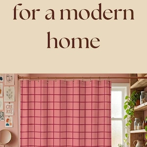 May include: A collection of three shower curtains featuring a grid pattern. The first is yellow with dark yellow lines, the second is pink with dark pink lines, and the third is light green with dark green lines. Each curtain hangs from metal rings.