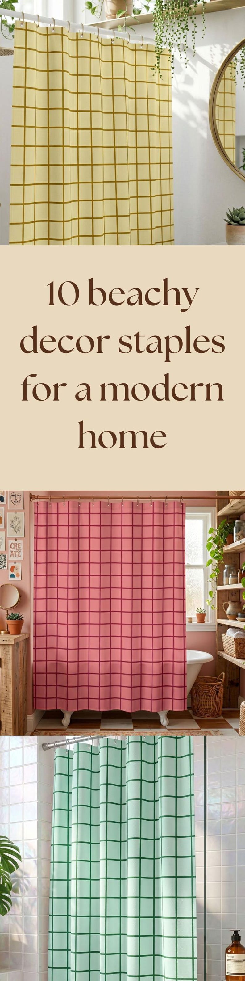 May include: A collection of three shower curtains featuring a grid pattern. The first is yellow with dark yellow lines, the second is pink with dark pink lines, and the third is light green with dark green lines. Each curtain hangs from metal rings.