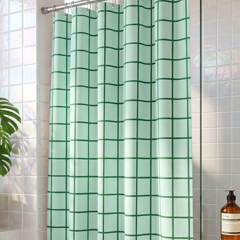 Beachy Shower Curtain Mint Grid Design Sea Foam Blue Bathroom Decor Modern Homeware Relaxed Vibe Retro Aesthetic Coastal Chic Gift Idea Minimalist Pastel Checkered Textile Soft Aqua Geometric Layout Waterproof Fabric Drapery Interior Design Accessory Trendy Restroom Upgrade Abstract Art Panel Unique Living Space Ornament Pale Turquoise Hues Soothing Bathroom Accent Light Teal Grid Lines High Quality Polyester Material