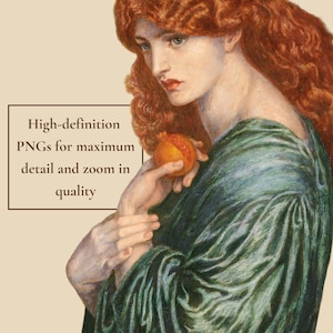 May include: A painting of a person with long wavy red hair wearing a dark green draped garment, holding a small orange fruit. A rectangular box contains the text: High-definition PNGs for maximum detail and zoom in quality.