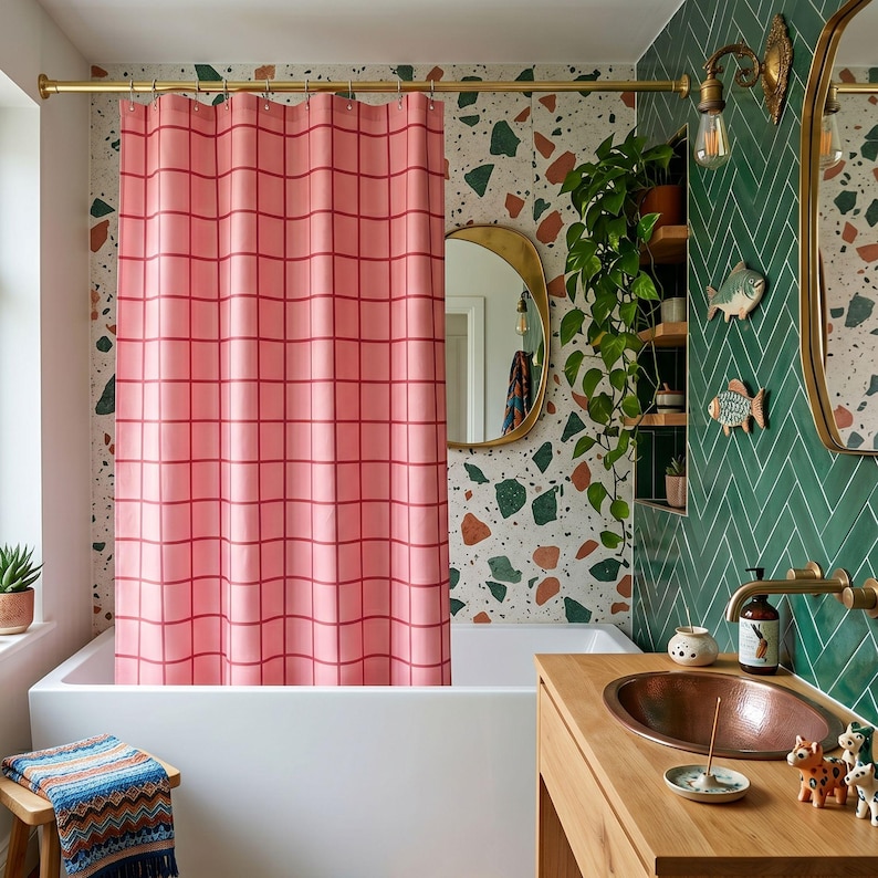 Cozy Home Functional Decor Boho Shower Curtain Grid Pattern Design Bathroom Accessory Butter Yellow Fabric Trendy Housewarming Gift Idea Retro Linear Graphic Sophisticated Color Palette Modern Apartment Essential Textured Fabric Screen Eye Catching Focal Point Artistic Bath Surround Heavy Duty Material Sustainable Material Choice Versatile Decorating Option Bold Statement Piece Alternative Lifestyle Accessory Comfortable Standing Surface Unique Artisan Graphic