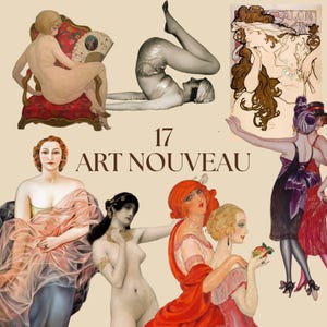 May include: A collection of 17 Art Nouveau illustrations featuring various figures in vintage styles, including a person in a red chair, a reclining figure, a woman with long flowing hair, and several others in colorful period clothing and poses.