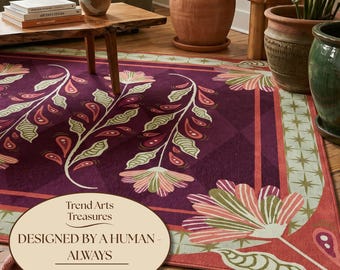 Tappeto in ciniglia floreale, stile boho, colorato, per soggiorno, con stampa artistica astratta botanica in stile moderno di metà secolo, ideale come regalo di inaugurazione della casa.
