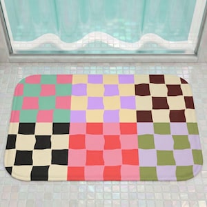 Alfombrilla de baño retro con diseño de patchwork a cuadros, decoración divertida para el baño, alfombrilla de suelo estética y moderna, pieza llamativa, regalo original para el hogar.