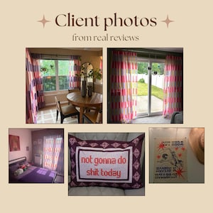 May include: A collage of interior home decor items including sheer curtains with vertical red, orange, and purple stripes, a dark purple throw pillow with the text not gonna do shit today, and a wall poster featuring a cowboy and the text OUT HERE HOOTIN N HOLLERIN.