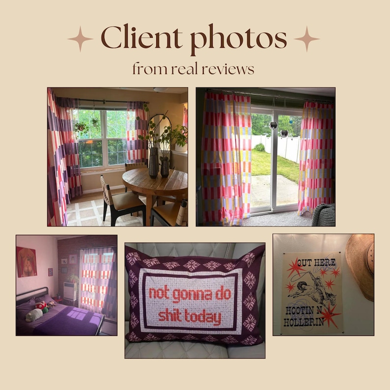 May include: A collage of interior home decor items including sheer curtains with vertical red, orange, and purple stripes, a dark purple throw pillow with the text not gonna do shit today, and a wall poster featuring a cowboy and the text OUT HERE HOOTIN N HOLLERIN.