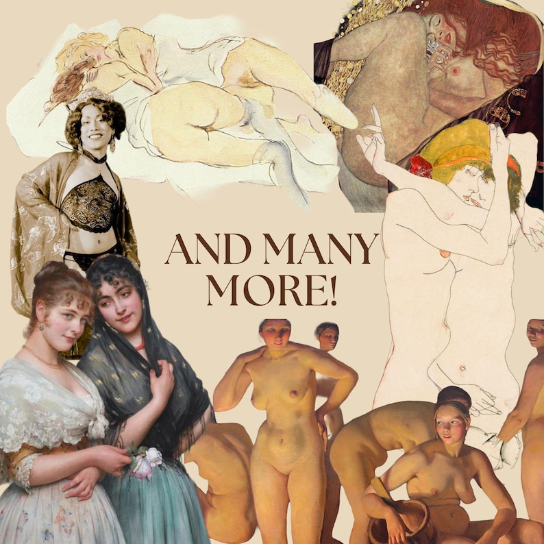 May include: A collage of various classical and fine art paintings featuring figures in different poses and attire, centered around the text AND MANY MORE! in a dark brown serif font against a light beige background, showcasing diverse artistic styles.