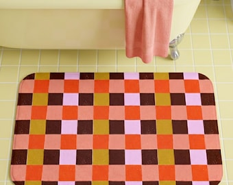 Tapete de banheiro retrô com estampa xadrez, tema anos 70, decoração para banheiro, tapete para apartamento, ideia de presente, acessório vintage descolado, estilo moderno de meados do século.