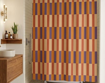 MidCentury Modern Shower Curtain Warm Earth Tone Bathroom Decor Color Drench Aesthetic Homeware Gift Idea Bold Contrast Pattern Quiet Luxury