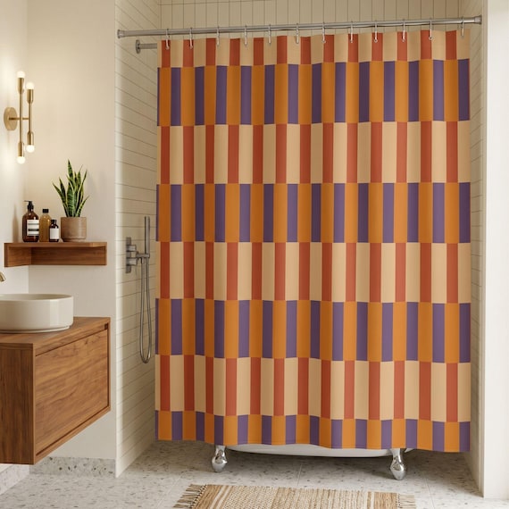 MidCentury Modern Shower Curtain Warm Earth Tone Bathroom Decor Color Drench Aesthetic Homeware Gift Idea Bold Contrast Pattern Quiet Luxury
