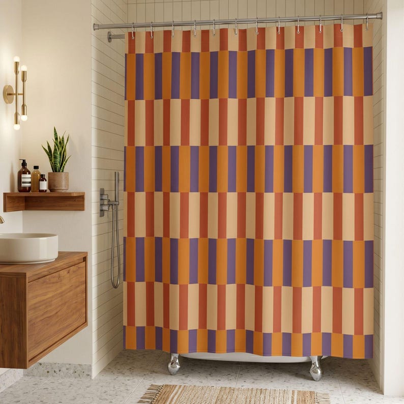 MidCentury Modern Shower Curtain Warm Earth Tone Bathroom Decor Color Drench Aesthetic Homeware Gift Idea Bold Contrast Pattern Quiet Luxury Retro Geometric Textile Terra Cotta Sage Green Palette Minimalist Maximalist Fusion Sophisticated Restroom Drapery High Quality Waterproof Fabric Trendy Interior Design Element Urban Apartment Style Organic Shapes Contemporary Bathing Area Ornament Upscale Household Goods