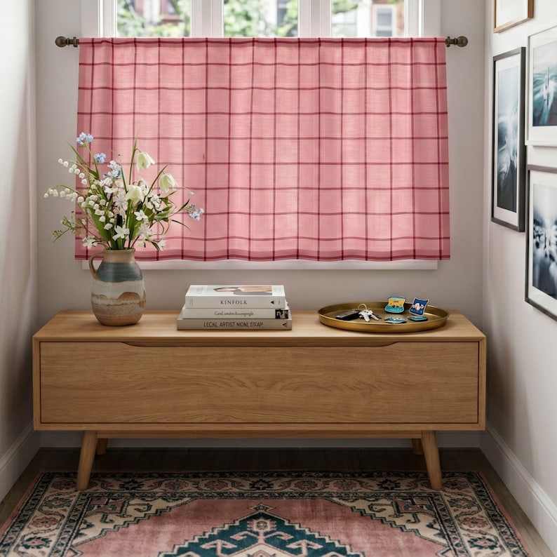 May include: A pink and red plaid window curtain hangs on a rod. Below, a light wood console table holds a ceramic vase with white and blue flowers, a stack of three books, and a gold tray containing keys and small decorative pins.