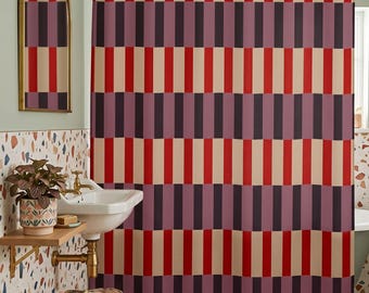 Fabric Shower Curtain Retro Bathroom Stripe Pattern Colorblock Design Vintage Aesthetic Whimsical Home Decor Eclectic Style Apartment Idea