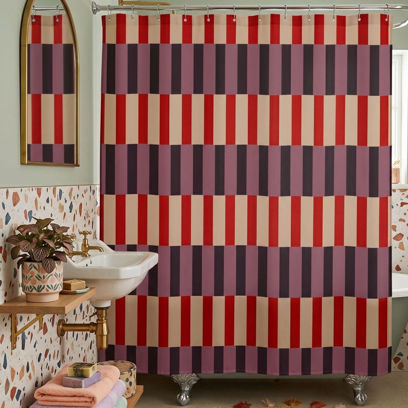 Color Drench Aesthetic MidCentury Modern Shower Curtain Warm Earth Tone Bathroom Decor Homeware Gift Idea Bold Contrast Pattern Quiet Luxury Monochromatic Style Deep Ochre Burnt Orange Tones Sophisticated Interior Styling Piece Durable Washable Textile Art Bold Statement Piece Urban Dwelling Decoration Creative Housewarming Surprise Trendy Aesthetic Bath Decor High Resolution Print Detail Luxury Hotel Vibe Home Furnishing