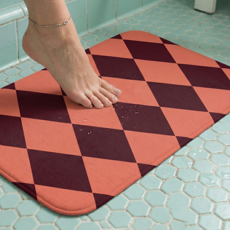 Argyle Print Retro Bath Mat Whimsical Decor Statement Rug Bathroom Abstract Art Functional Gift Idea Sophisticated Neutral Tones Boho Home image 15