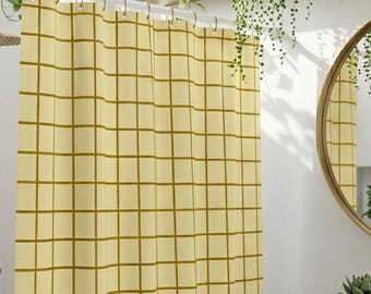 Boho Shower Curtain Grid Pattern Design Bathroom Accessory Butter Yellow Fabric Cozy Home Functional Decor Trendy Housewarming Gift Idea