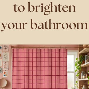 May include: A collection of three shower curtains featuring a grid pattern. The first is light yellow with dark yellow lines, the second is pink with dark pink lines, and the third is light green with dark green lines. Text reads 5 shower curtain trends to brighten your bathroom.