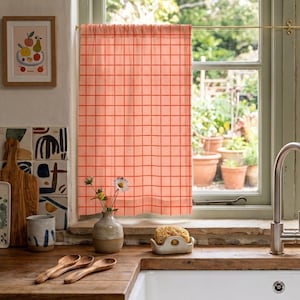 Sheer Shabby Chic Decor Check Pattern Cafe Curtain Grid Design Light Filtering Privacy Screen Eclectic Home Retro Kitchen Baking Gift Idea Pastel Checkered Pattern Soft Polyester Material Minimalist Housewarming Present Stylish Studio Unit Element Chic Contemporary Cooking Area Decor Subtle Visual Interest High Quality Window Linens Bohemian Decorative Panel Muted Saturated Tones Modern Vintage Fusion Unique Artisan Graphic Household Item