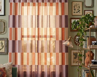 Sheer Window Curtains Retro Living Room Quiet Luxury Housewarming Gift Idea Contemporary Colorblock Decor Midcentury Modern Aesthetic