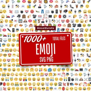 May include: A collection of various emoji icons and symbols, including smiley faces, food items, and objects. A red sign with white text reads "1000+ TOTAL FILES EMOJI SVG PNG". The background is filled with a repeating pattern of the emoji icons.