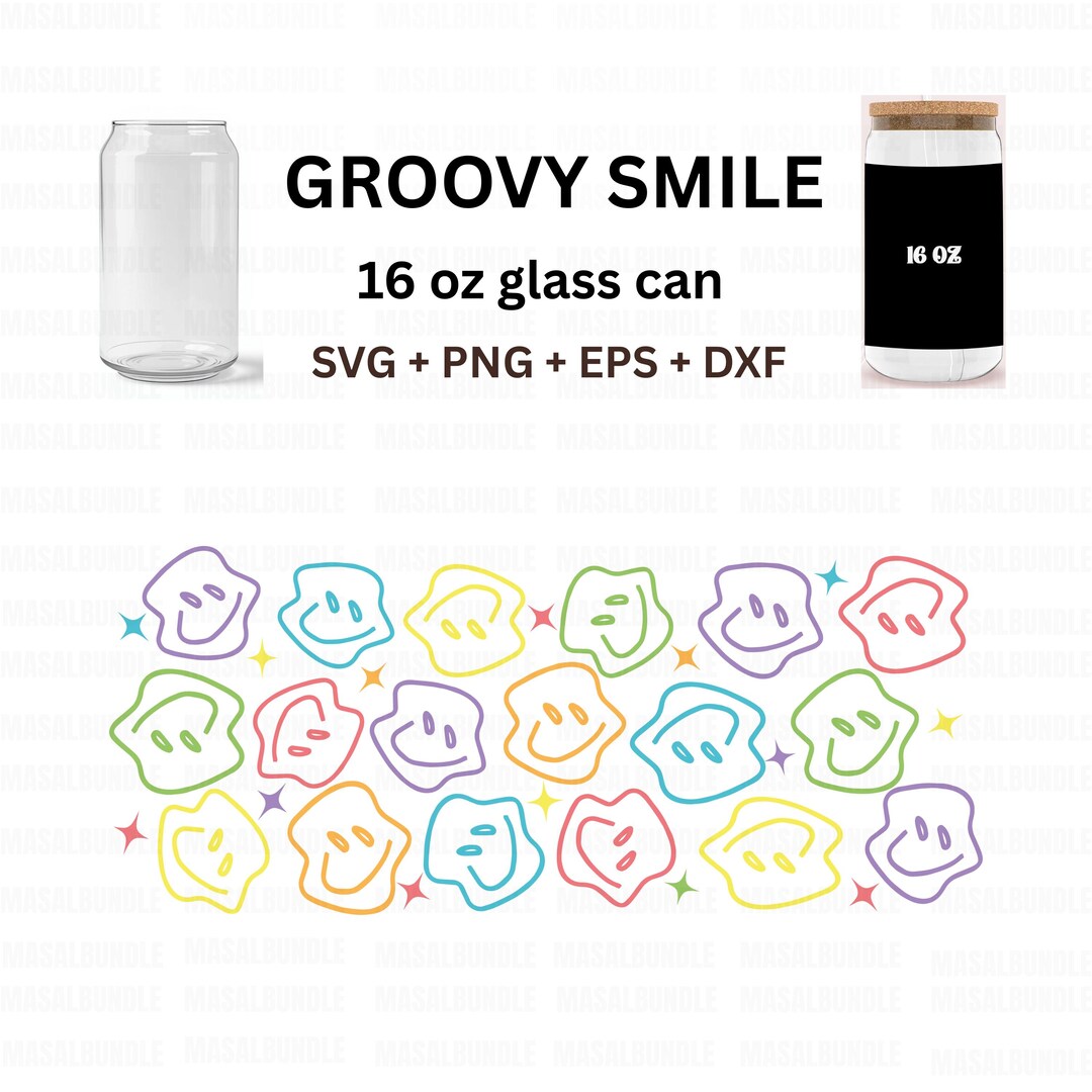 16oz Groovy Smile Libbey Can Wrap SVG | Retro Smiley Face Glass Can ...
