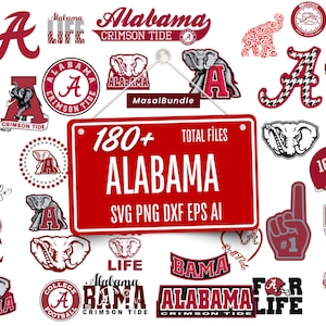Könnte beinhalten: Eine Sammlung von Alabama-Grafiken in Rot und Weiß. Enthält Logos, Text und Illustrationen eines Elefanten, eines Footballhelms und das Wort "Alabama". Ein rotes Schild zeigt "180+ TOTAL FILES ALABAMA SVG PNG DXF EPS AI".