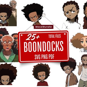 Puede incluir: Una colección de ilustraciones de personajes de dibujos animados de la serie animada The Boondocks. Las imágenes presentan varios personajes con distintas expresiones faciales y peinados. Un letrero rojo muestra el texto "25+ BOONDOCKS SVG PNG PDF".