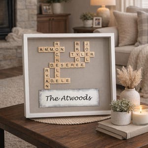 May include: A framed family name sign with wooden letter tiles spelling out names. The sign includes the family name "The Atwoods" at the bottom. The frame is white, and the background is a neutral gray.