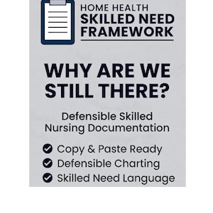 Könnte beinhalten: Eine graue Grafik mit dem Text "HOME HEALTH SKILLED NEED FRAMEWORK" und "WHY ARE WE STILL THERE?" Die Grafik enthält auch den Text "Defensible Skilled Nursing Documentation" und Aufzählungspunkte für "Copy & Paste Ready", "Defensible Charting" und "Skilled Need Language".