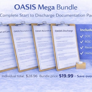Peut inclure: Image du "OASIS Mega Bundle" avec quatre presse-papiers étiquetés "Start of Care", "Resumption of", "Recertification" et "Discharge". Comprend un glucomètre, un stylo et une liste de modèles inclus. Le texte indique "Complete Start to Discharge Documentation Pack".